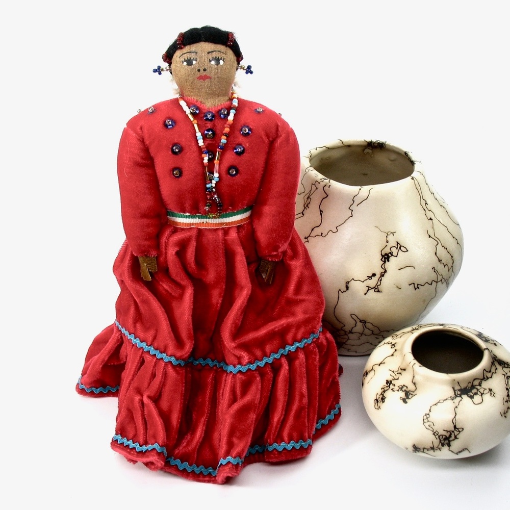 Navajo Cloth Doll, Signed, 70's, Red Velvet Dress